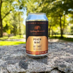 A can of Spring Branch Kombucha’s Peach Mint Kombucha resting on a stone surface outdoors with blurred green trees in the background. The can has a sleek, metallic design with the Spring Branch logo and flavor name ‘Peach Mint’ prominently displayed.