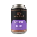 A 12 oz can of Spring Branch Kombucha featuring the Lavender flavor. The can has a calming purple and black design with copper accents, showcasing the brand logo and flavor name.